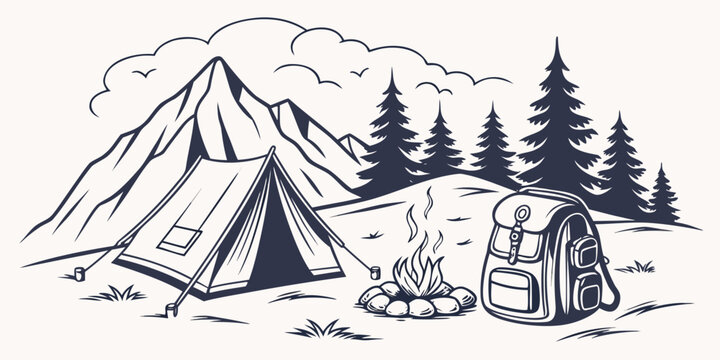 Vintage style monochrome camping illustration with mountain tent and campfire scene backpack mountain adventure landscape wilderness vacation recreation campsite activity