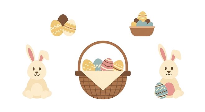 Easter bunny and eggs in a basket vector graphic illustration design