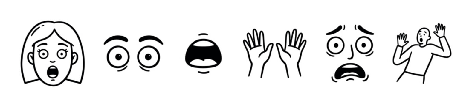 Fear expressions and reactions vector illustration set depicting a range of human emotions from surprise to intense panic and distress.