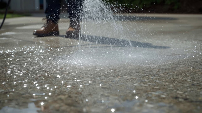 Pressure washing driveway. Close up on water splash and worker in worker boots cleaning driveway with pressure washer.