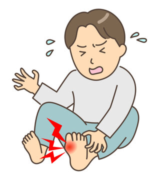 足の親指の付け根に痛風発作が起きて痛がる男性のイラスト