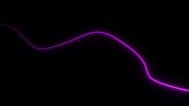 Single glowing purple neon light line curving across a dark black background creating a smooth wave pattern with vibrant violet illumination and soft light trails for abstract digital