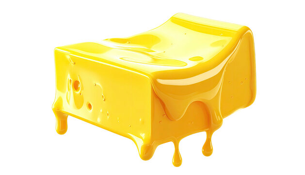 Melted cheese cube with dripping liquid cheese isolated against black background; delicious