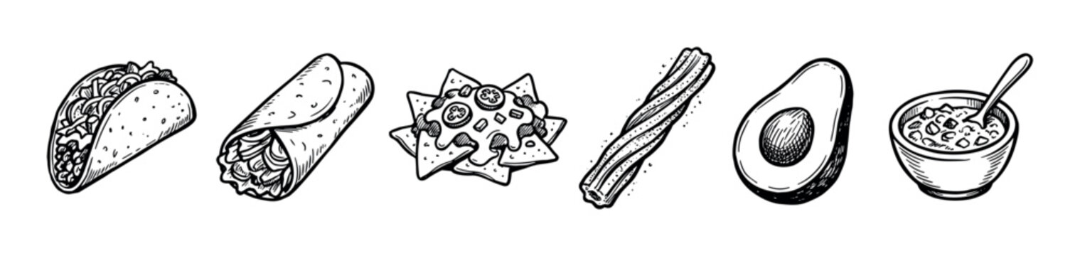 Six hand-drawn Mexican food icons featuring a taco, burrito, nachos, churro, avocado, and salsa in a detailed black and white vintage engraving style, arranged in a horizontal row
