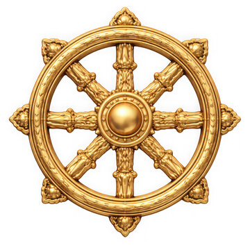 Golden dharma wheel symbol buddhism with wheel of life, buddhism, religion isolated on transparent background