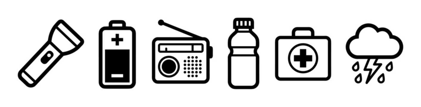Emergency preparedness survival kit items including flashlight, battery, radio, water bottle, first aid kit, and storm weather icons in a simple graphic illustration.