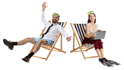 Office workers dreaming about vacation. Man and woman with diving masks, laptop and swim flippers sitting in deckchairs on white background © New Africa