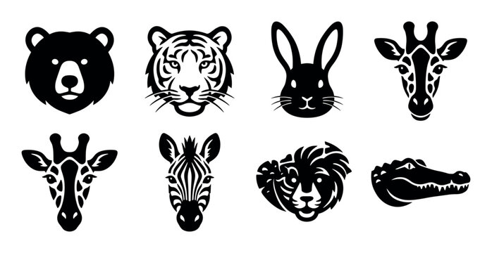 Wild animal head icons collection featuring various safari and forest creatures including a bear, tiger, rabbit, giraffe, zebra, lion, and alligator in a simple black and white vector style.
