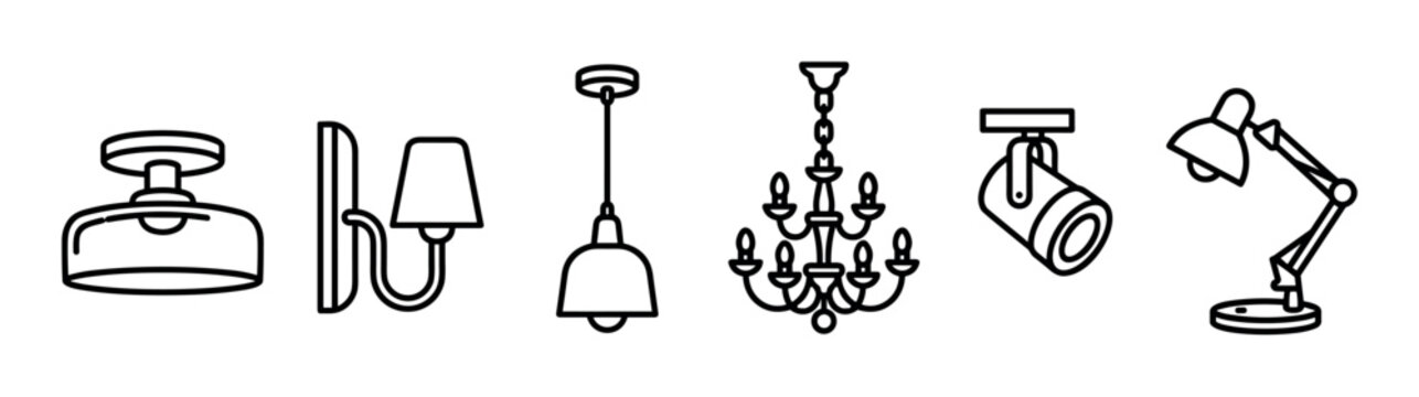Six different types of lighting fixtures illustrated in a simple black outline style, featuring a ceiling light, wall sconce, pendant, chandelier, spotlight, and adjustable desk lamp