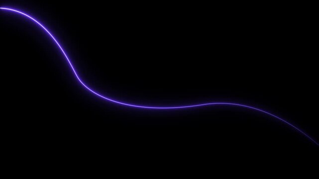 Single continuous purple glowing neon light line curving across a dark black background creating a smooth wave pattern that energy flow or data transmission in a minimalist digital environment