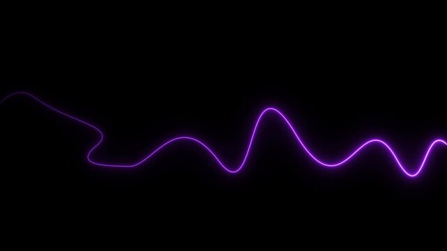 Glowing purple neon light line forming a smooth wavy sine wave pattern against a solid dark black background representing audio frequency signal or data flow visualization for digital technology