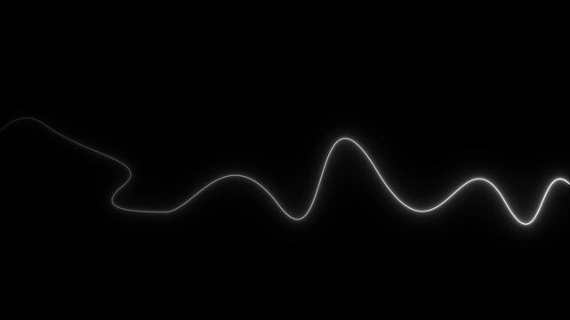 Glowing white neon light line forming a smooth wavy sine wave pattern against a solid dark black background representing audio frequency signal or data flow visualization for digital technology