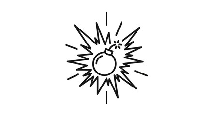 Fototapeta premium Hand-drawn black and white illustration of a bomb explosion with fuse and sparks.
