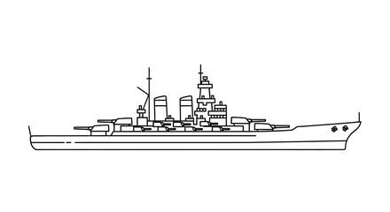 Detailed black and white line drawing of a battleship with multiple turrets and antennas. © Dhiyak Boneto