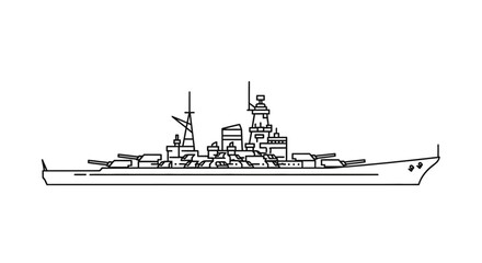 Detailed line drawing of a battleship with multiple turrets and antennas. © Dhiyak Boneto