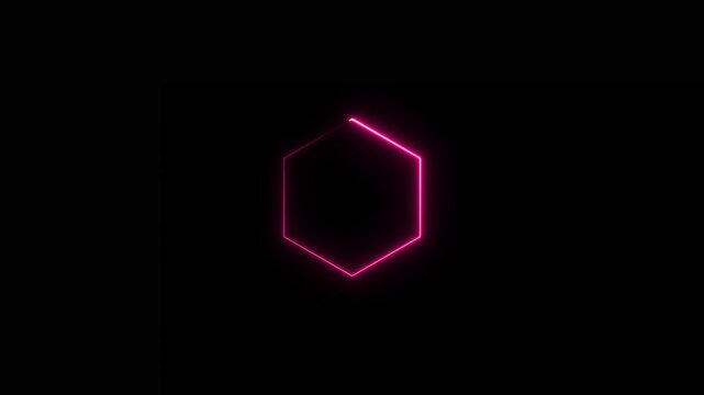 Glowing pink neon hexagon shape isolated on a solid black background featuring a vibrant light trail effect with a smooth continuous line a geometric polygon frame for digital