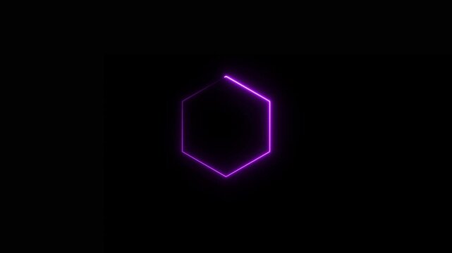 Glowing purple neon hexagon shape isolated on a solid black background featuring a vibrant light trail effect with a smooth continuous line a geometric polygon frame for digital