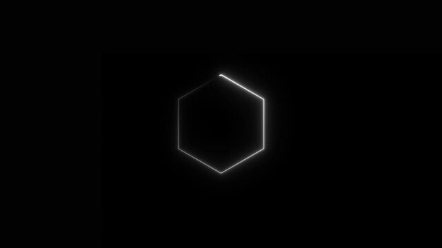Glowing white neon hexagon shape isolated on a solid black background featuring a vibrant light trail effect with a smooth continuous line a geometric polygon frame for digital