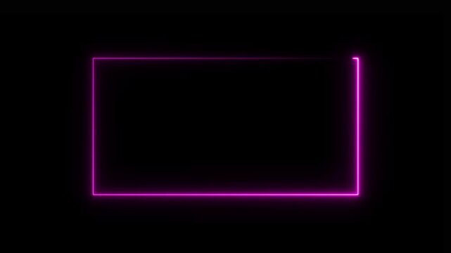 Glowing purple neon rectangular frame isolated on a solid black background featuring a vibrant light trail effect with a smooth continuous line a geometric box shape for digital
