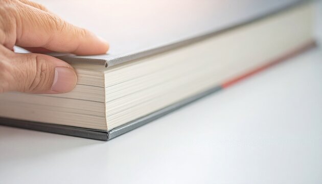 白い机の上で手がハードカバーの本の角を押さえるクローズアップ
