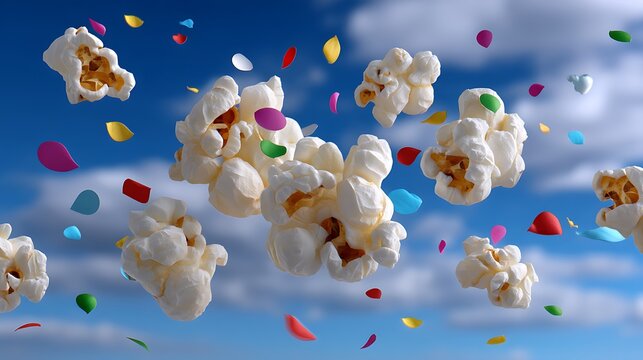 Popcorn Flying in the Air with Colorful Confetti Against Sky