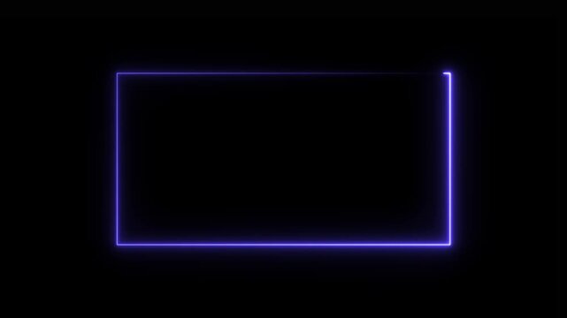 Glowing purple neon rectangular frame border with a light trail effect isolated on a solid black background for digital overlays and screen interface for editing and web