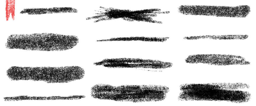 Pencil underline and charcoal strokes, cross with rough brush marks set. Marker doodle sketch shapes in black line. Gritty vector pencil elements for smear overlay isolated on white bg.