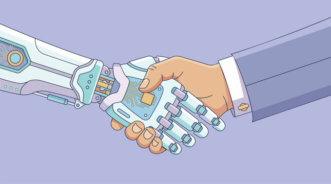 Vector illustration of a human man and a robot shaking hands rendered in pastel colors