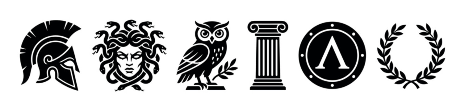 Ancient Greek mythology symbols and classical elements are displayed as a set of black vector icons representing historical culture and legendary figures.