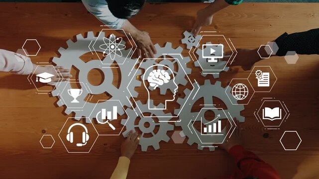 Collaborative innovation process focusing on teamwork and technology with diverse individuals interacting with gears and digital icons on wooden table Gluon.