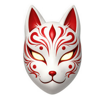 Japanese kitsune fox mask with red tribal patterns and glowing eyes as isolated on transparent background