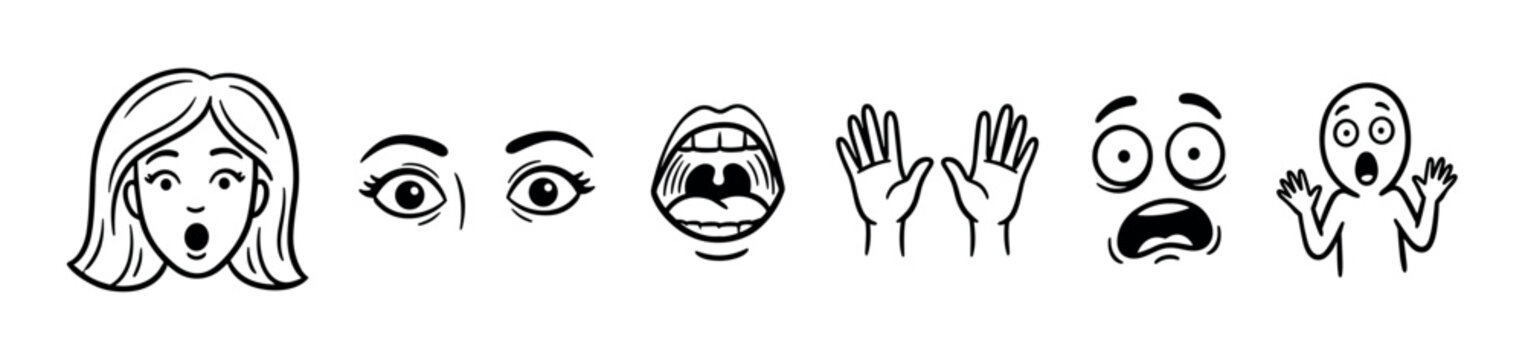 Hand-drawn doodle icons showing expressions of shock, surprise, awe, and panic with wide eyes, open mouths, and raised hands in a simple monochrome line art style