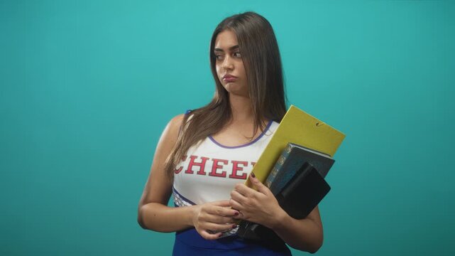 Cheerleader woman holding notebooks and a folder with hands, pouting and glancing aside in studio; disappointment.