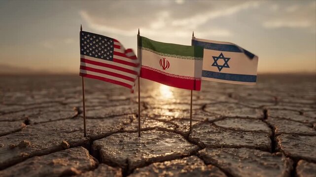 Flags of US, Iran, and Israel stand on cracked earth during sunset