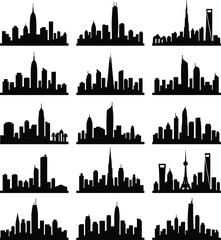 Obraz premium Collection of sixteen black silhouette city skyline icons featuring famous global landmarks and architectural styles, ideal for urban design, illustration, and creative projects