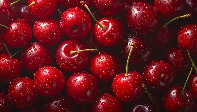 Macro shot of fresh red cherries covered with sparkling water droplets on a dark background