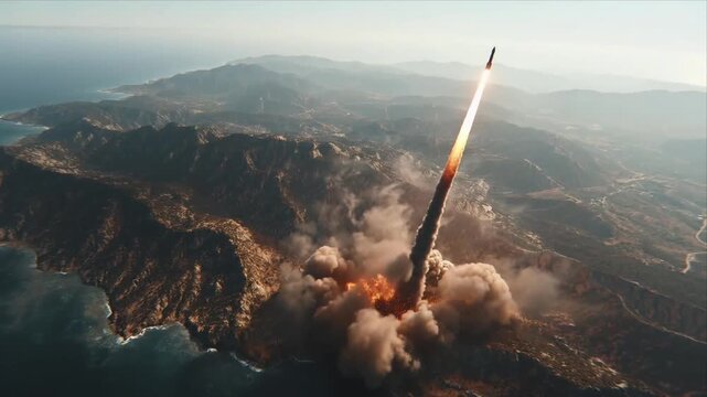 Rocket launch occurs near coastline at sunset, showcasing powerful ascent in evening sky