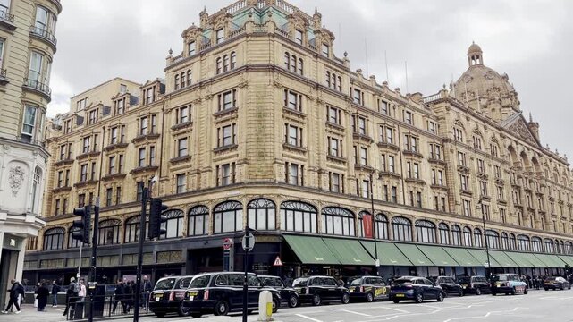 London, UK, 7 April 2026: Harrods Luxury. Exterior of Harrods department store business in the Brompton Road Knightsbridge which is a popular travel destination tourist attraction landmark of the city