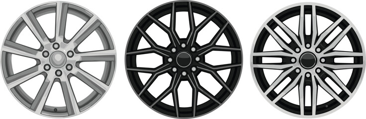 Obraz premium Realistic alloy wheel rim collection modern car wheel design set metallic silver and black automotive rims isolated vector illustration