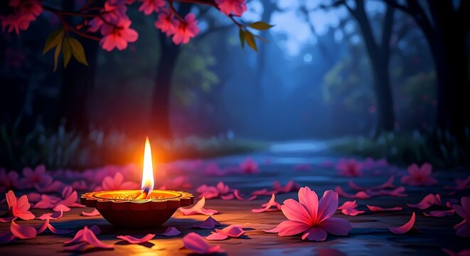 Diwali celebration a single diya lamp amidst vibrant pink lotus flowers