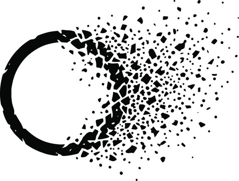 Abstract black circle disintegrating into numerous small particles and fragments symbolizing transformation change breakdown and the end of a cycle against a clean minimalist white background