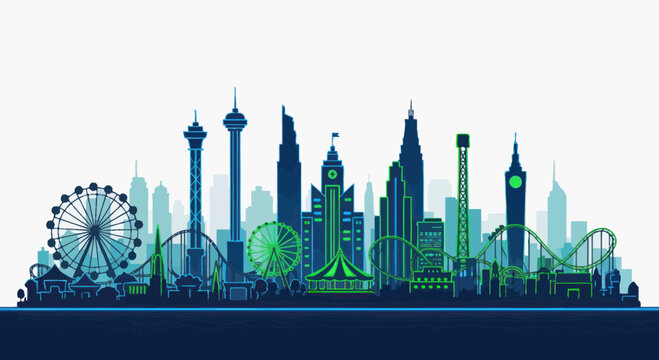 Amusement Park Skyline Silhouette - Ferris Wheel, Roller Coaster, Towers, Cityscape