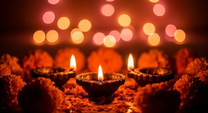 Radiant diwali illuminated diyas and marigolds celebrating the festival of lights