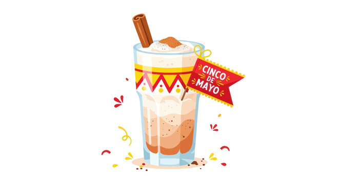 Cinco de Mayo Drink: Creamy Horchata with Cinnamon Stick and Festive Banner