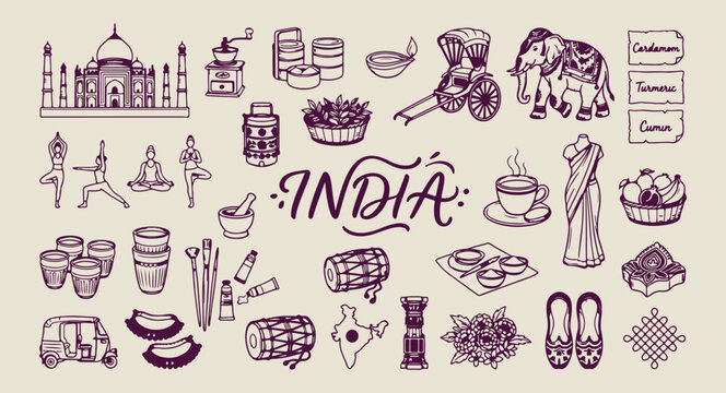 India travel icons, Indian heritage doodles, traditional tea and food, Indian landmark illustration, cultural India vector, Incredible India graphic, Indian festival symbols

