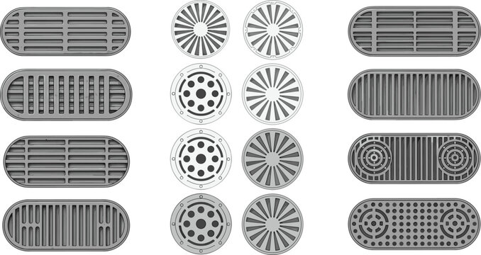 Industrial ventilation grille and drain cover collection metal air vents round and rectangular sewer covers mechanical pattern vector illustration set isolated