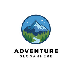 Fototapeta premium A beautiful logo depicting a mountain landscape with a river, symbolizing adventure, exploration, and the tranquility of nature for outdoor enthusiasts.