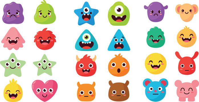 Cute Colorful Cartoon Monsters and Characters with Expressions - Vector Set