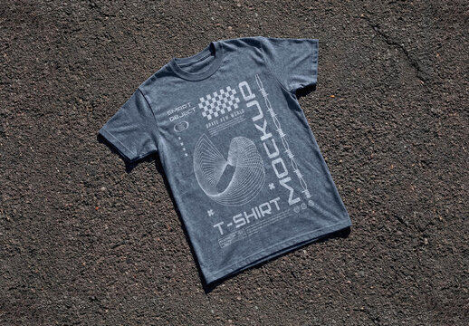 T-Shirt Mockup on Asphalt Ground Flat Lay