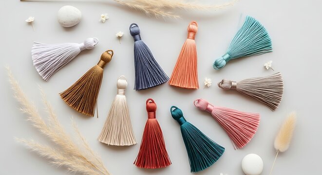 Collection of colorful silk tassels arranged on a light grey background